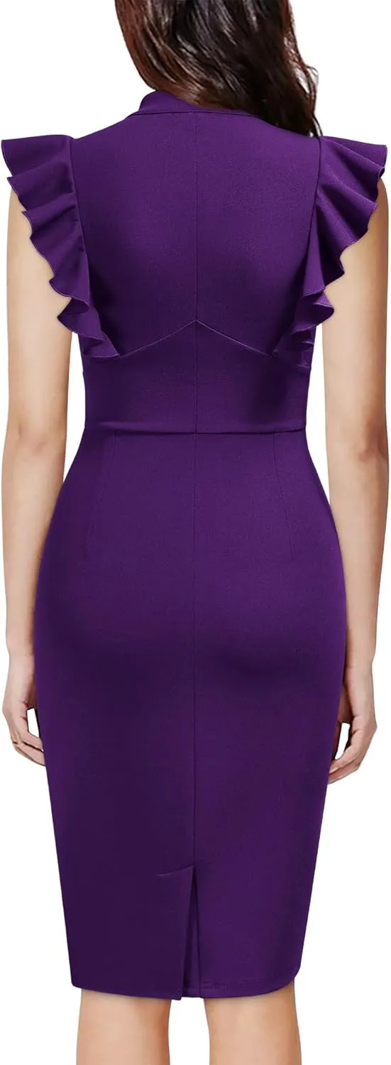 Knitee Women's Vintage Ruffle Sleeve V-Neck Bodycon Evening Party Cocktail Pencil Sheath Dress