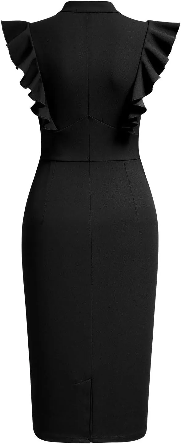 Knitee Women's Vintage Ruffle Sleeve V-Neck Bodycon Evening Party Cocktail Pencil Sheath Dress