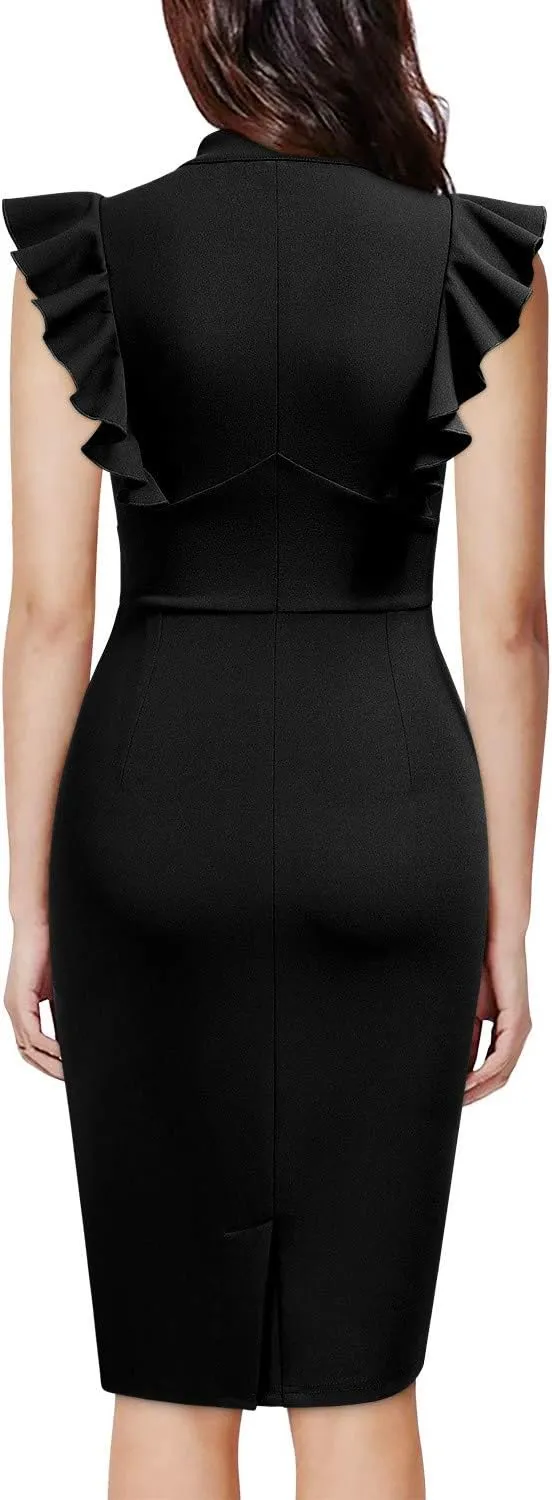 Knitee Women's Vintage Ruffle Sleeve V-Neck Bodycon Evening Party Cocktail Pencil Sheath Dress
