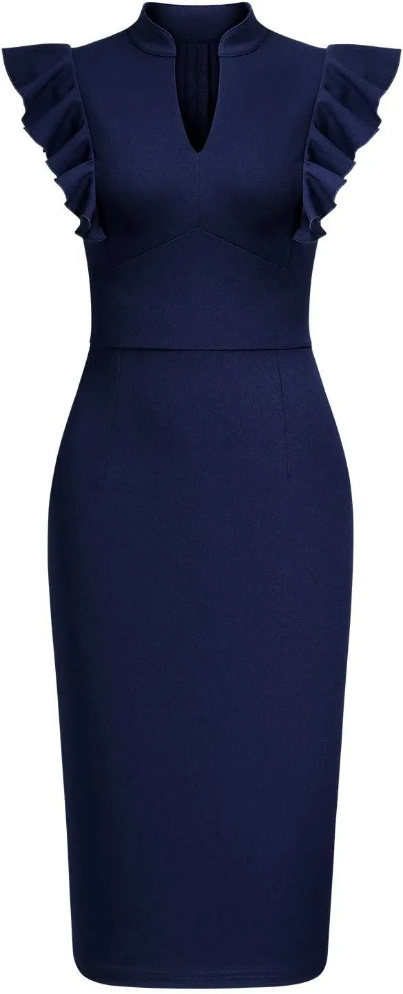 Knitee Women's Vintage Ruffle Sleeve V-Neck Bodycon Evening Party Cocktail Pencil Sheath Dress