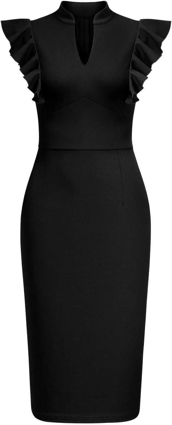 Knitee Women's Vintage Ruffle Sleeve V-Neck Bodycon Evening Party Cocktail Pencil Sheath Dress