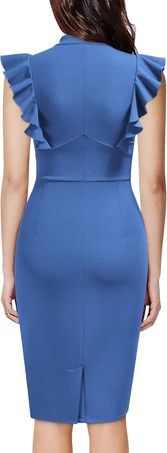 Knitee Women's Vintage Ruffle Sleeve V-Neck Bodycon Evening Party Cocktail Pencil Sheath Dress