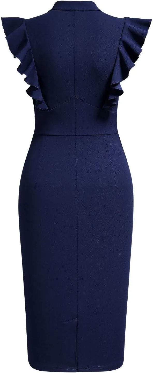 Knitee Women's Vintage Ruffle Sleeve V-Neck Bodycon Evening Party Cocktail Pencil Sheath Dress