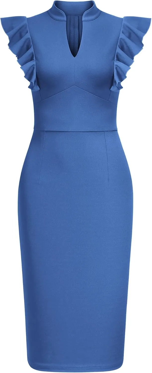 Knitee Women's Vintage Ruffle Sleeve V-Neck Bodycon Evening Party Cocktail Pencil Sheath Dress