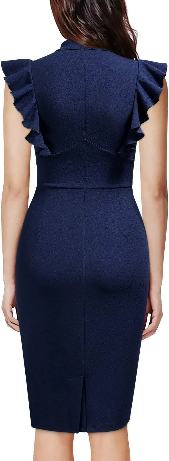 Knitee Women's Vintage Ruffle Sleeve V-Neck Bodycon Evening Party Cocktail Pencil Sheath Dress