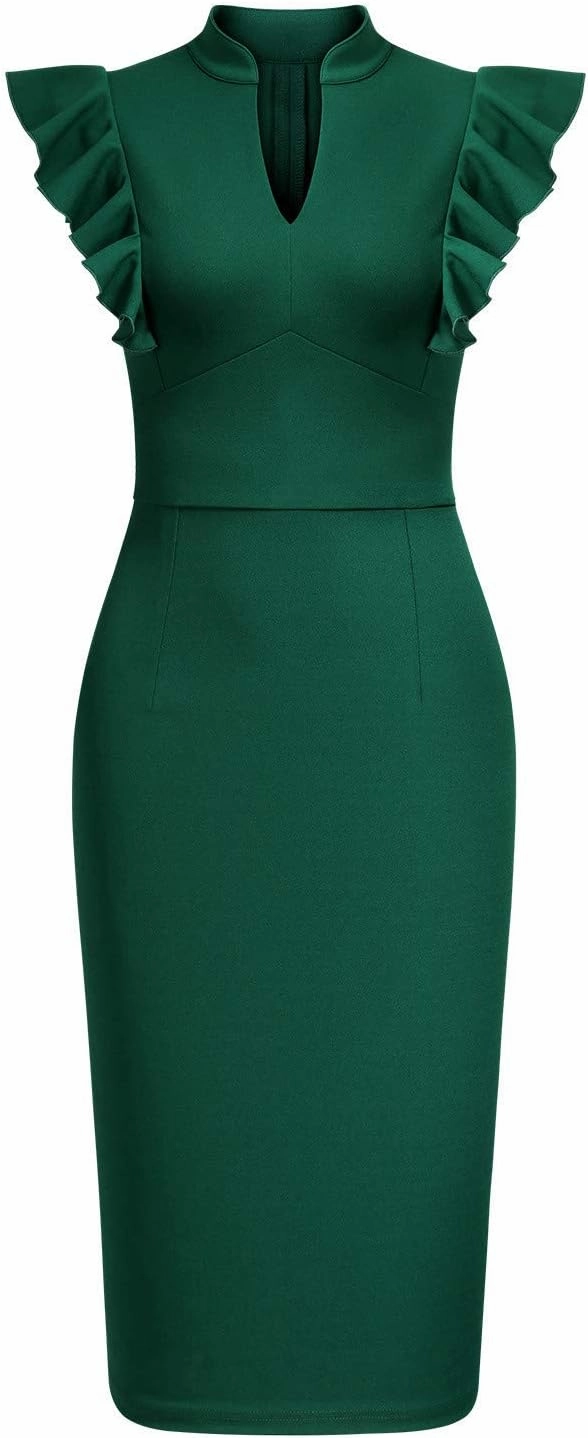 Knitee Women's Vintage Ruffle Sleeve V-Neck Bodycon Evening Party Cocktail Pencil Sheath Dress