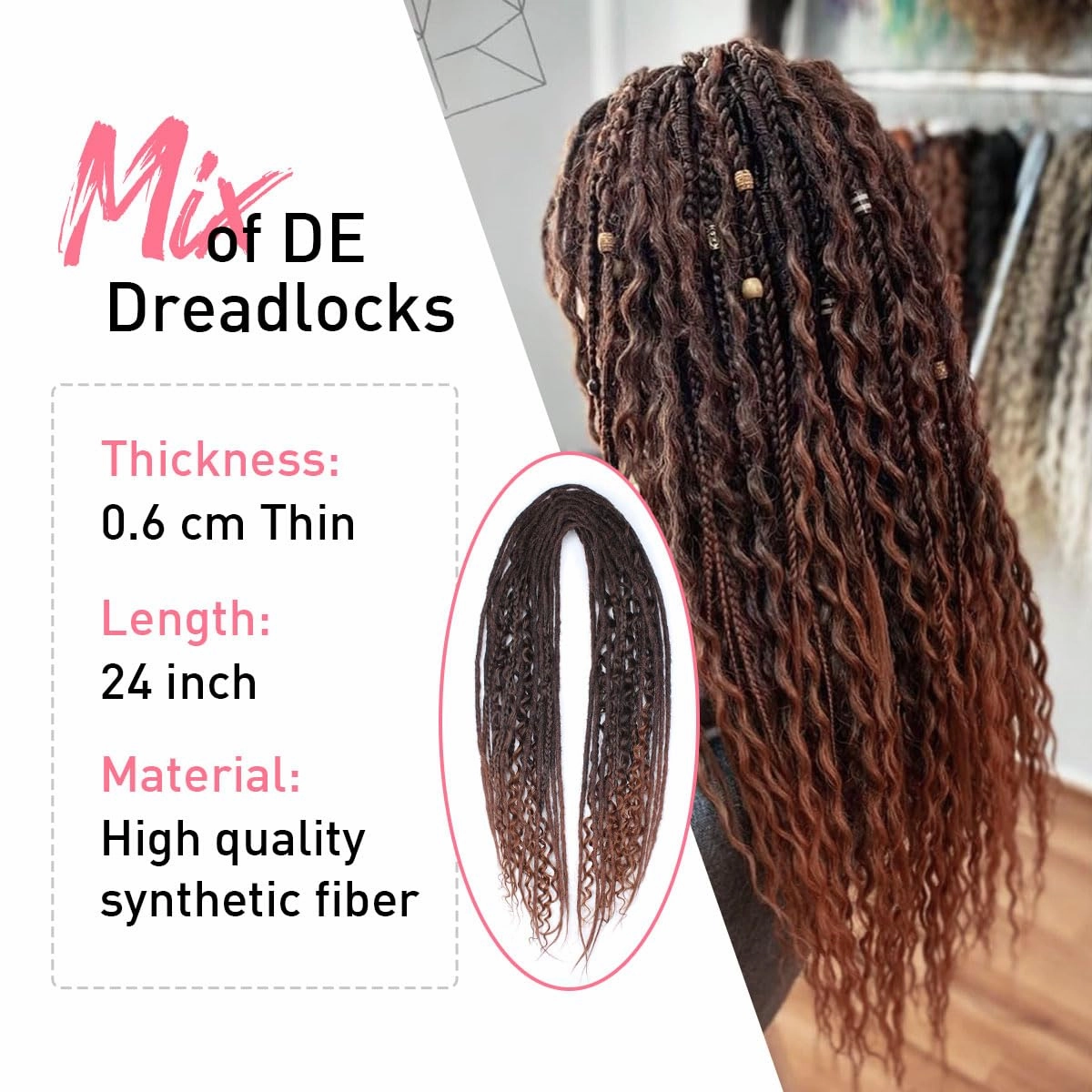 KRALER 24 Inch Mixed DE Dreadlock Extensions Sets, 3 in 1 20 Strands Synthetic Double Ended Dreads Extensions, Auburn Hippie Crochet Dreads Style for Girls