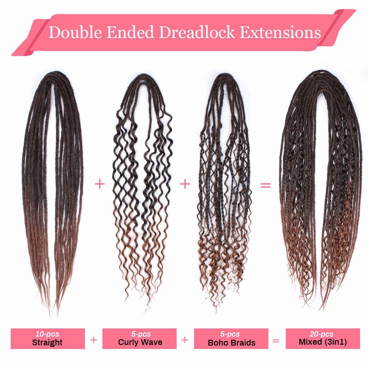 KRALER 24 Inch Mixed DE Dreadlock Extensions Sets, 3 in 1 20 Strands Synthetic Double Ended Dreads Extensions, Auburn Hippie Crochet Dreads Style for Girls