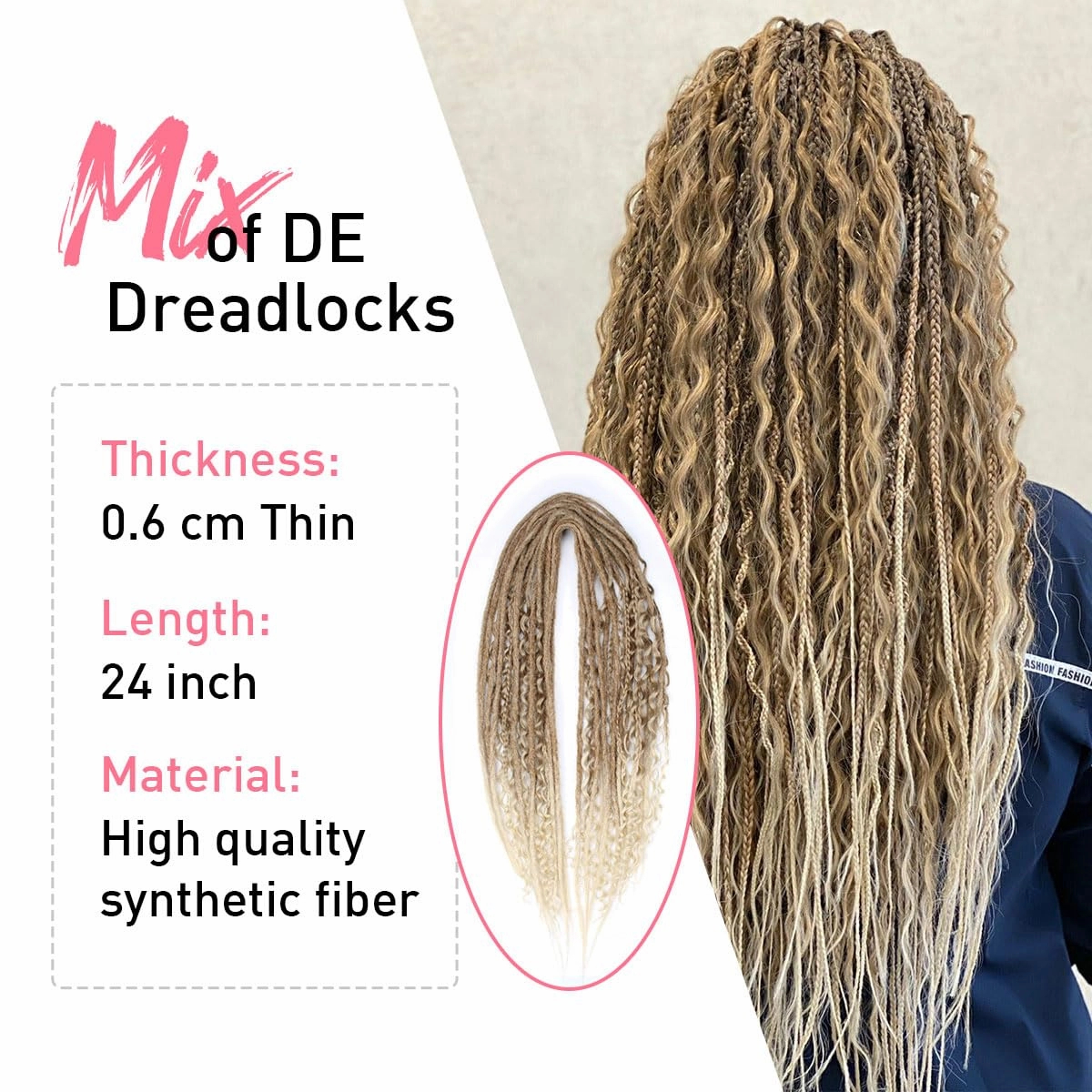 KRALER 24 Inch Mixed DE Dreadlock Extensions Sets, 3 in 1 20 Strands Synthetic Double Ended Dreads Extensions, Brown to Blonde Hippie Crochet Dreads Style for Girls