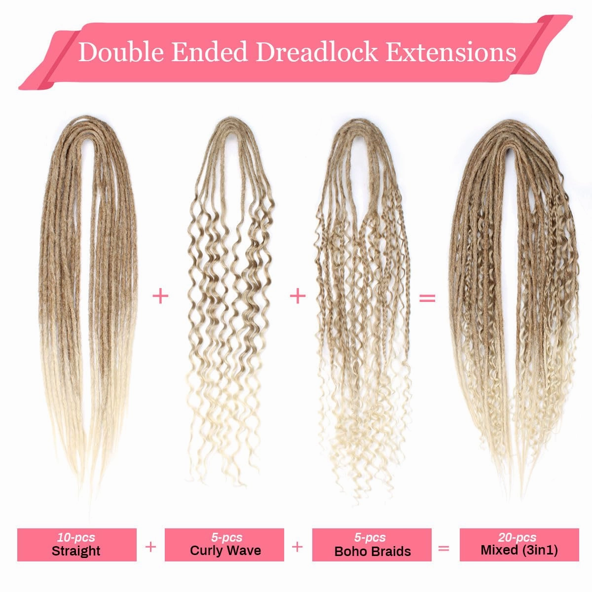 KRALER 24 Inch Mixed DE Dreadlock Extensions Sets, 3 in 1 20 Strands Synthetic Double Ended Dreads Extensions, Brown to Blonde Hippie Crochet Dreads Style for Girls