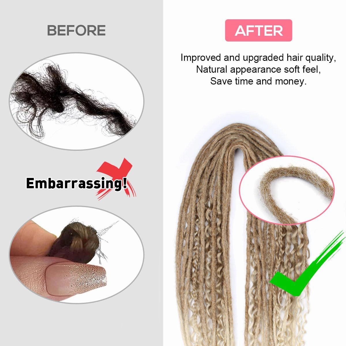 KRALER 24 Inch Mixed DE Dreadlock Extensions Sets, 3 in 1 20 Strands Synthetic Double Ended Dreads Extensions, Brown to Blonde Hippie Crochet Dreads Style for Girls