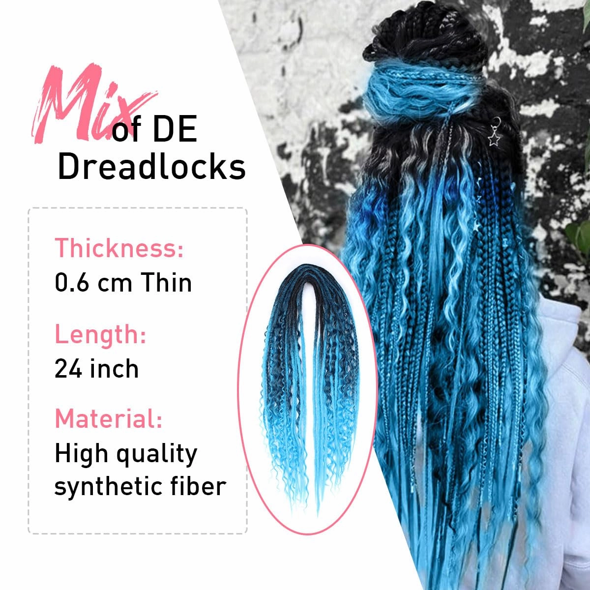 KRALER 24 Inch Mixed DE Dreadlock Extensions Sets, 3 in 1 20 Strands Synthetic Double Ended Dreads Extensions, Ombre Blue Hippie Crochet Dreads Style for Girls
