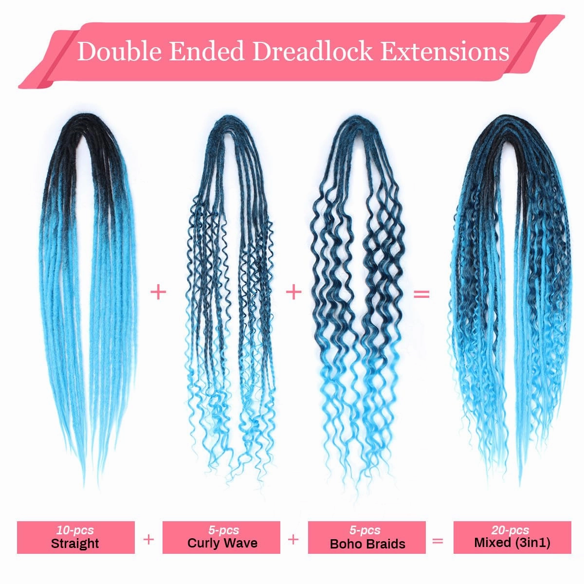 KRALER 24 Inch Mixed DE Dreadlock Extensions Sets, 3 in 1 20 Strands Synthetic Double Ended Dreads Extensions, Ombre Blue Hippie Crochet Dreads Style for Girls