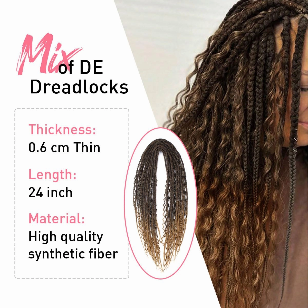 KRALER 24 Inch Mixed DE Dreadlock Extensions Sets, 3 in 1 20 Strands Synthetic Double Ended Dreads Extensions, Ombre Brown Hippie Crochet Dreads Style for Girls