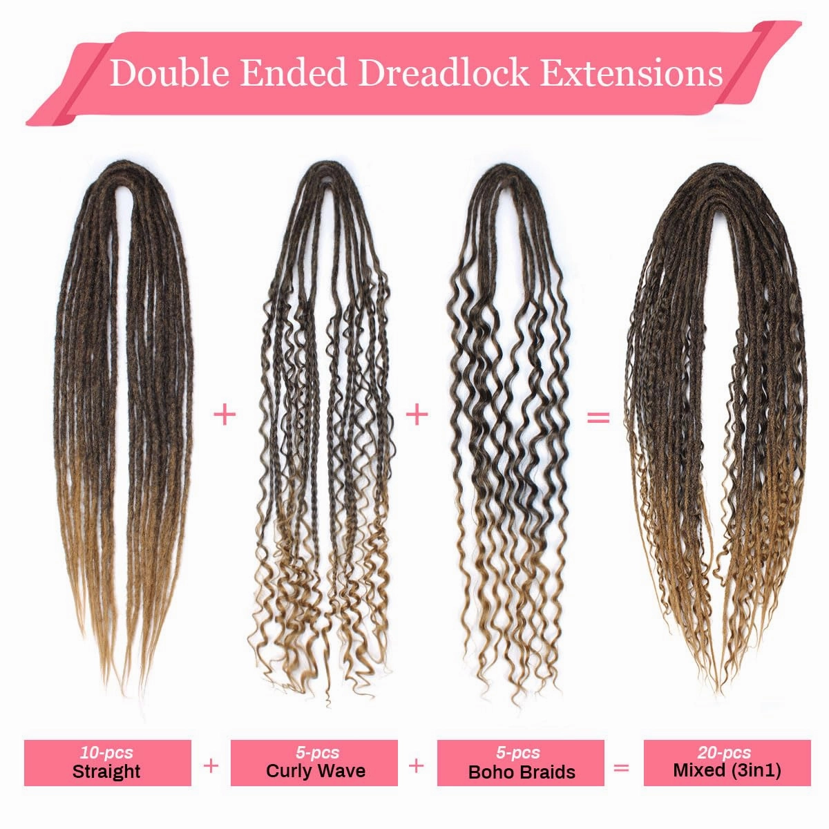 KRALER 24 Inch Mixed DE Dreadlock Extensions Sets, 3 in 1 20 Strands Synthetic Double Ended Dreads Extensions, Ombre Brown Hippie Crochet Dreads Style for Girls