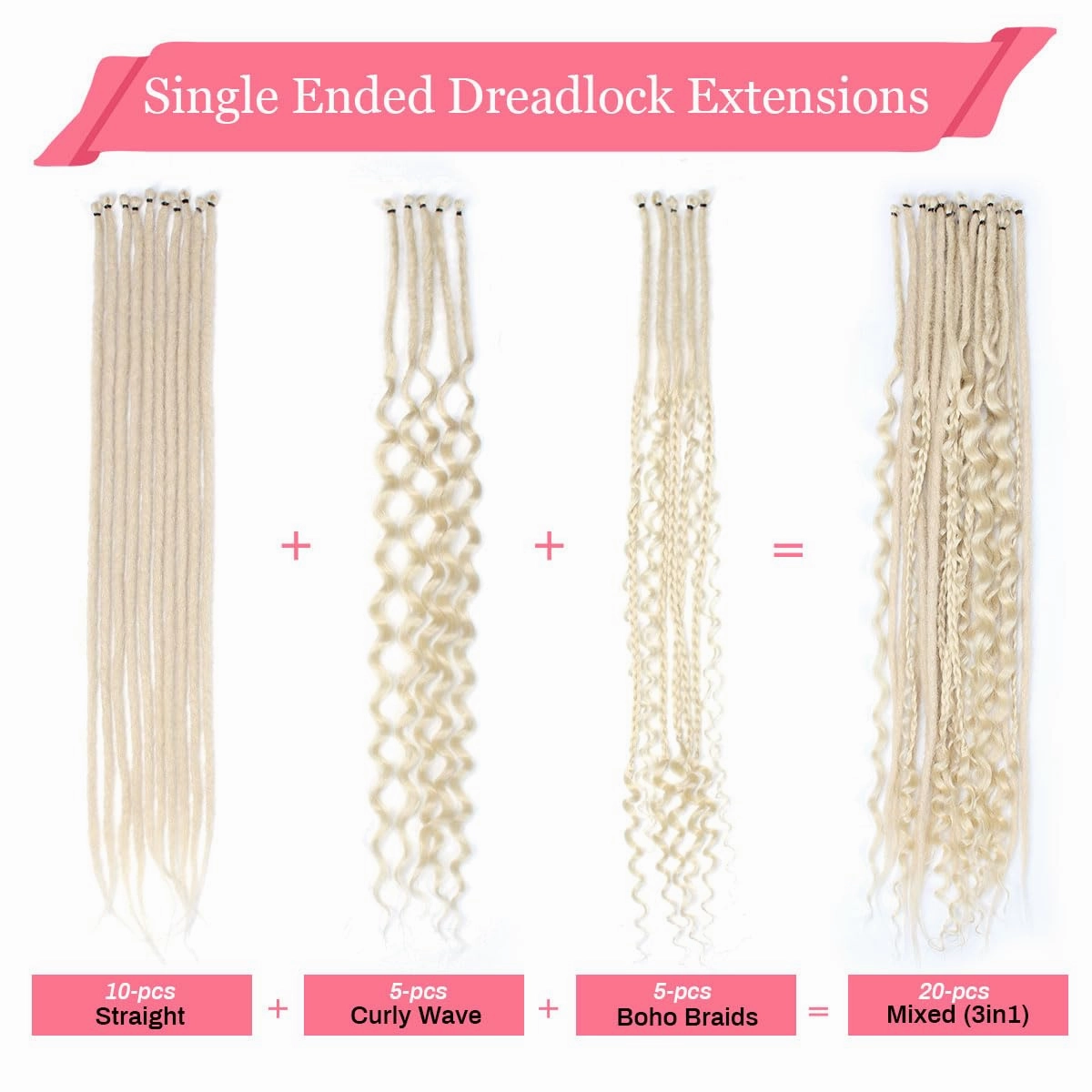 KRALER 24 Inch Mixed SE Dreadlock Extensions Sets, 3 in 1 20 Strands Synthetic Single Ended Dreads Extensions, 613 Blonde Hippie Dreads Style for Girls
