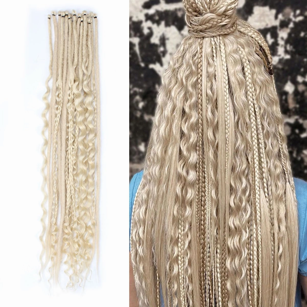KRALER 24 Inch Mixed SE Dreadlock Extensions Sets, 3 in 1 20 Strands Synthetic Single Ended Dreads Extensions, 613 Blonde Hippie Dreads Style for Girls