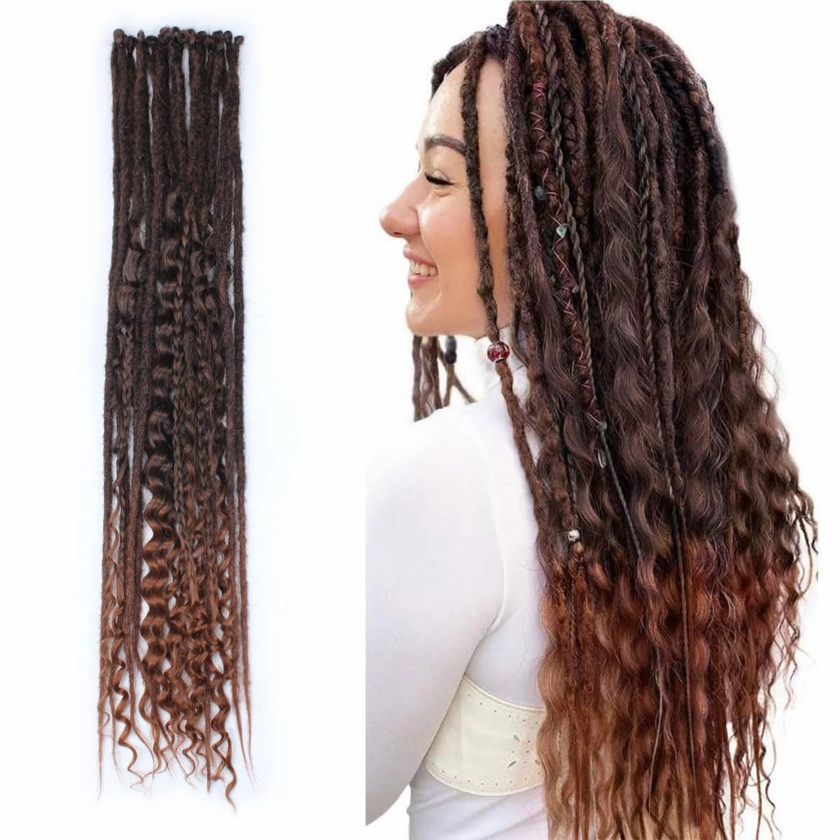 KRALER 24 Inch Mixed SE Dreadlock Extensions Sets, 3 in 1 20 Strands Synthetic Single Ended Dreads Extensions, Ombre Auburn Hippie Dreads Style for Girls