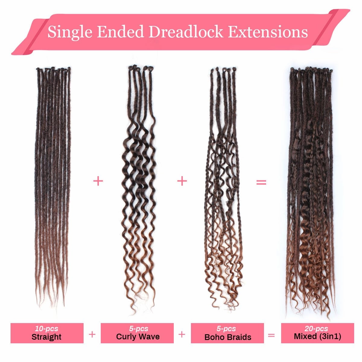 KRALER 24 Inch Mixed SE Dreadlock Extensions Sets, 3 in 1 20 Strands Synthetic Single Ended Dreads Extensions, Ombre Auburn Hippie Dreads Style for Girls
