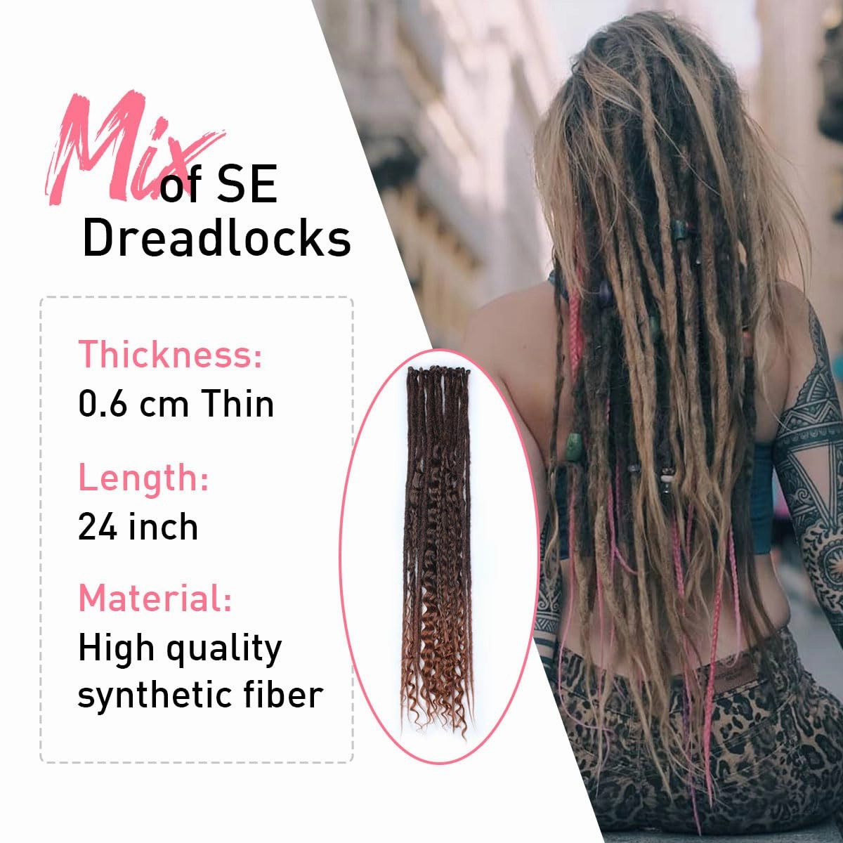 KRALER 24 Inch Mixed SE Dreadlock Extensions Sets, 3 in 1 20 Strands Synthetic Single Ended Dreads Extensions, Ombre Auburn Hippie Dreads Style for Girls