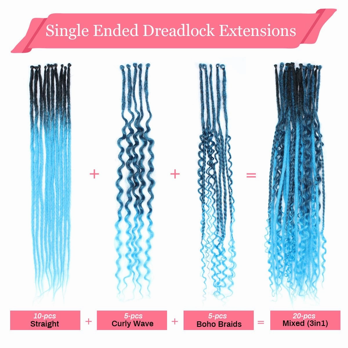 KRALER 24 Inch Mixed SE Dreadlock Extensions Sets, 3 in 1 20 Strands Synthetic Single Ended Dreads Extensions, Ombre Blue Hippie Dreads Style for Girls