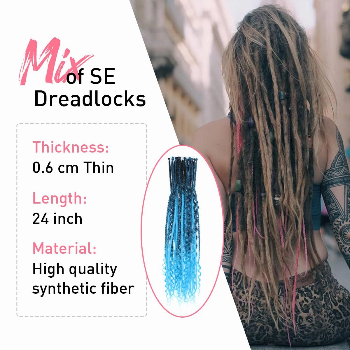 KRALER 24 Inch Mixed SE Dreadlock Extensions Sets, 3 in 1 20 Strands Synthetic Single Ended Dreads Extensions, Ombre Blue Hippie Dreads Style for Girls