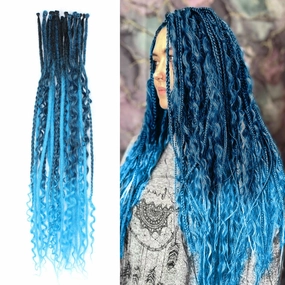 KRALER 24 Inch Mixed SE Dreadlock Extensions Sets, 3 in 1 20 Strands Synthetic Single Ended Dreads Extensions, Ombre Blue Hippie Dreads Style for Girls
