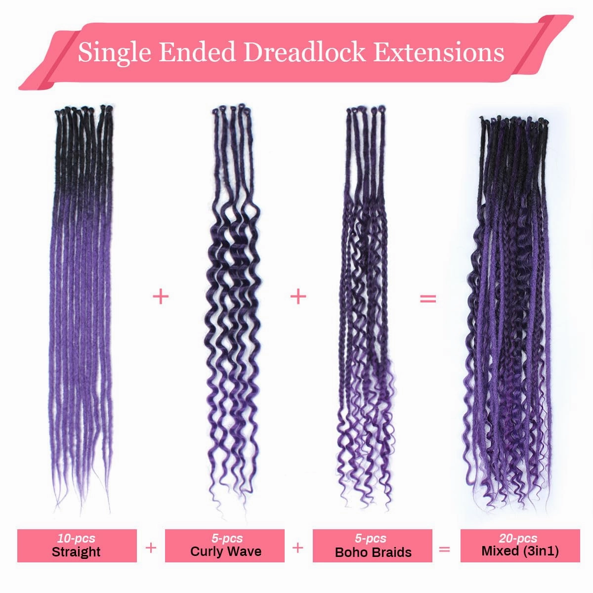 KRALER 24 Inch Mixed SE Dreadlock Extensions Sets, 3 in 1 20 Strands Synthetic Single Ended Dreads Extensions, Ombre Purple Hippie Dreads Style for Girls