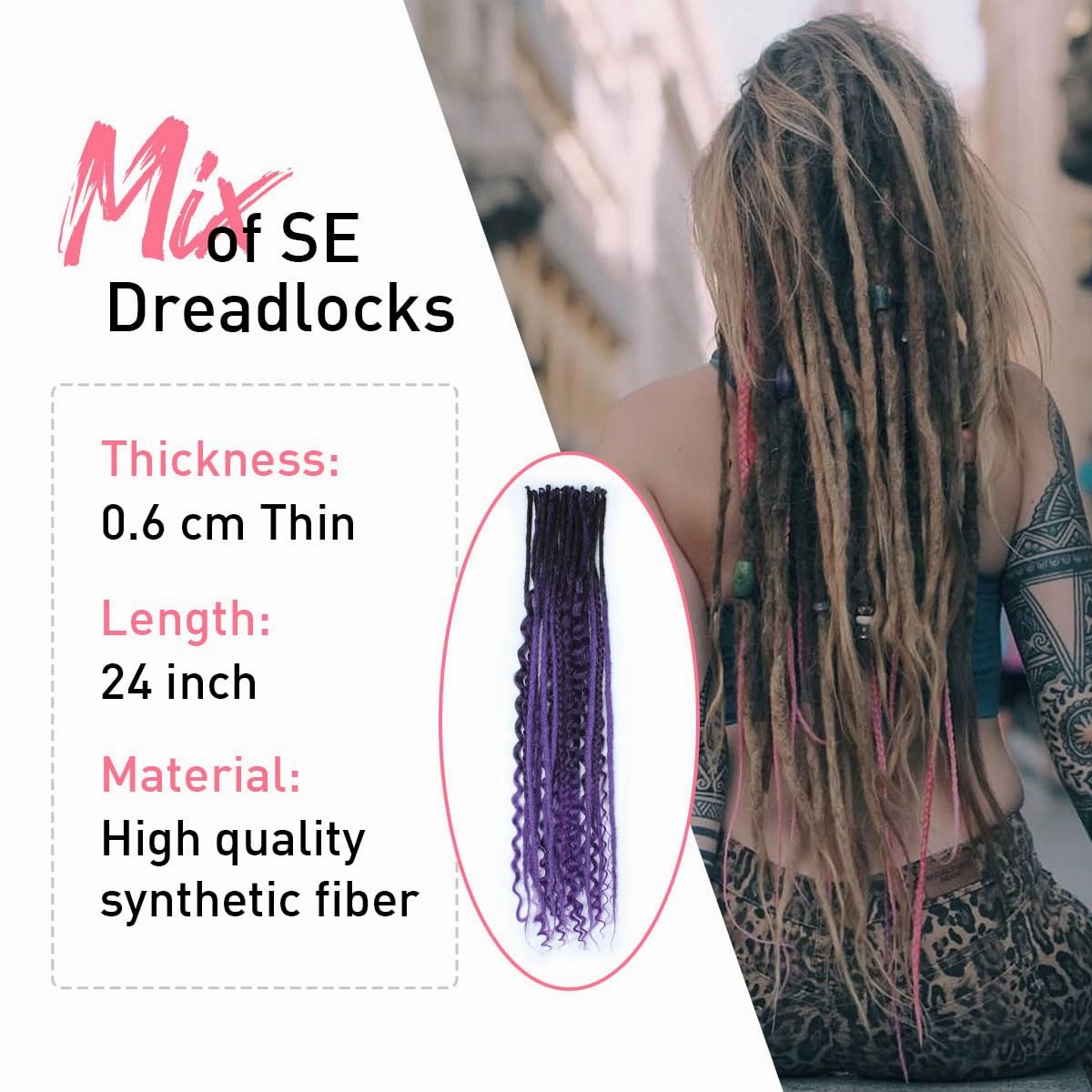 KRALER 24 Inch Mixed SE Dreadlock Extensions Sets, 3 in 1 20 Strands Synthetic Single Ended Dreads Extensions, Ombre Purple Hippie Dreads Style for Girls