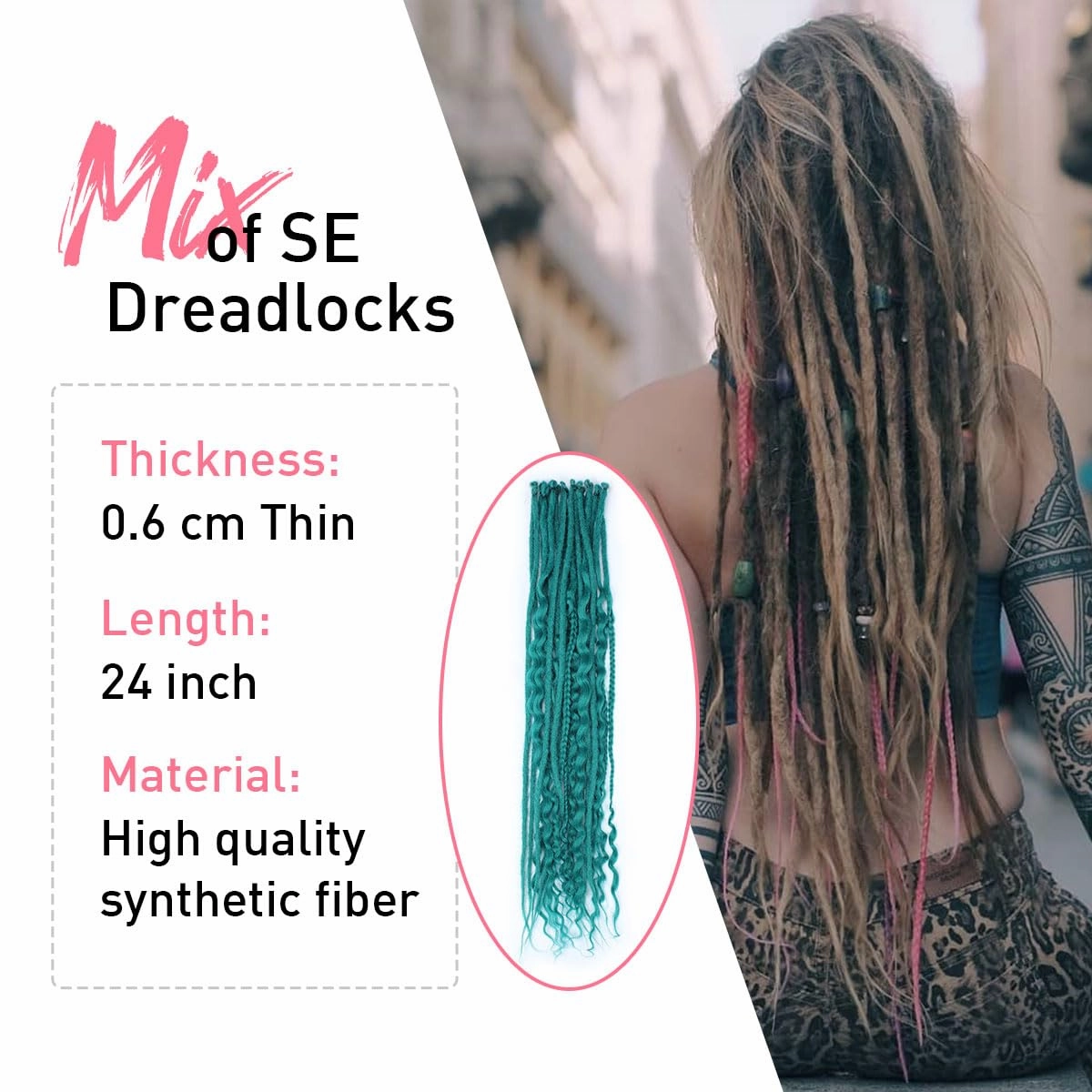 KRALER 24 Inch Mixed SE Dreadlock Extensions Sets, 3 in 1 20 Strands Synthetic Single Ended Dreads Extensions, Teal Green Hippie Dreads Style for Girls