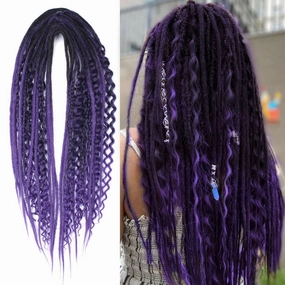 KRALER Double Ended Dreadlock Extensions Purple Ombre 20pcs 3 in 1 Mixed Set Boho Curly Dreads Extensions