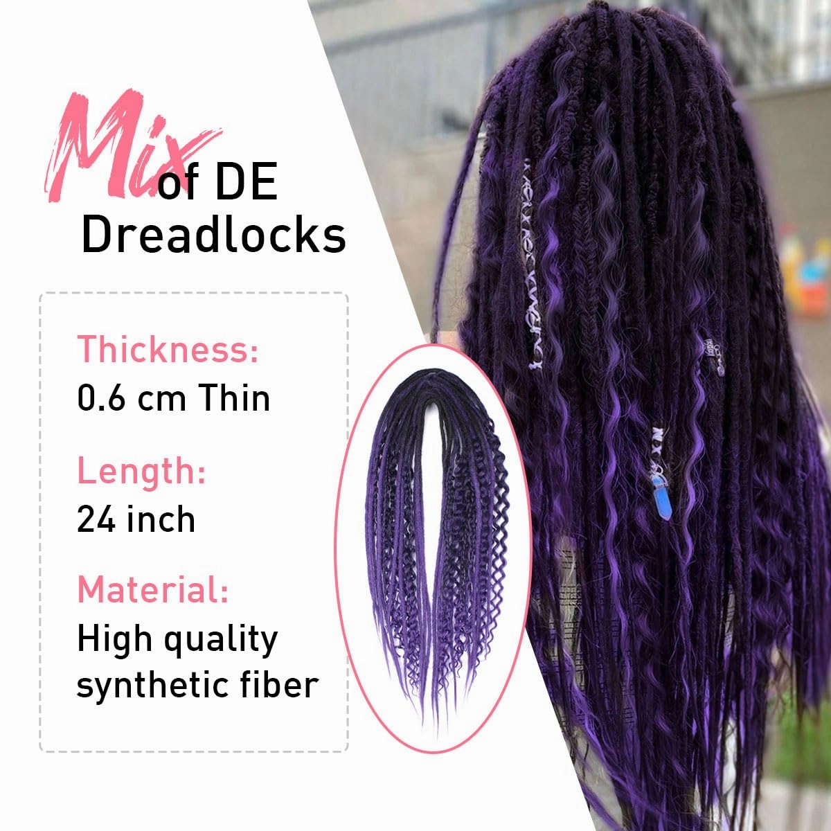 KRALER Double Ended Dreadlock Extensions Purple Ombre 20pcs 3 in 1 Mixed Set Boho Curly Dreads Extensions