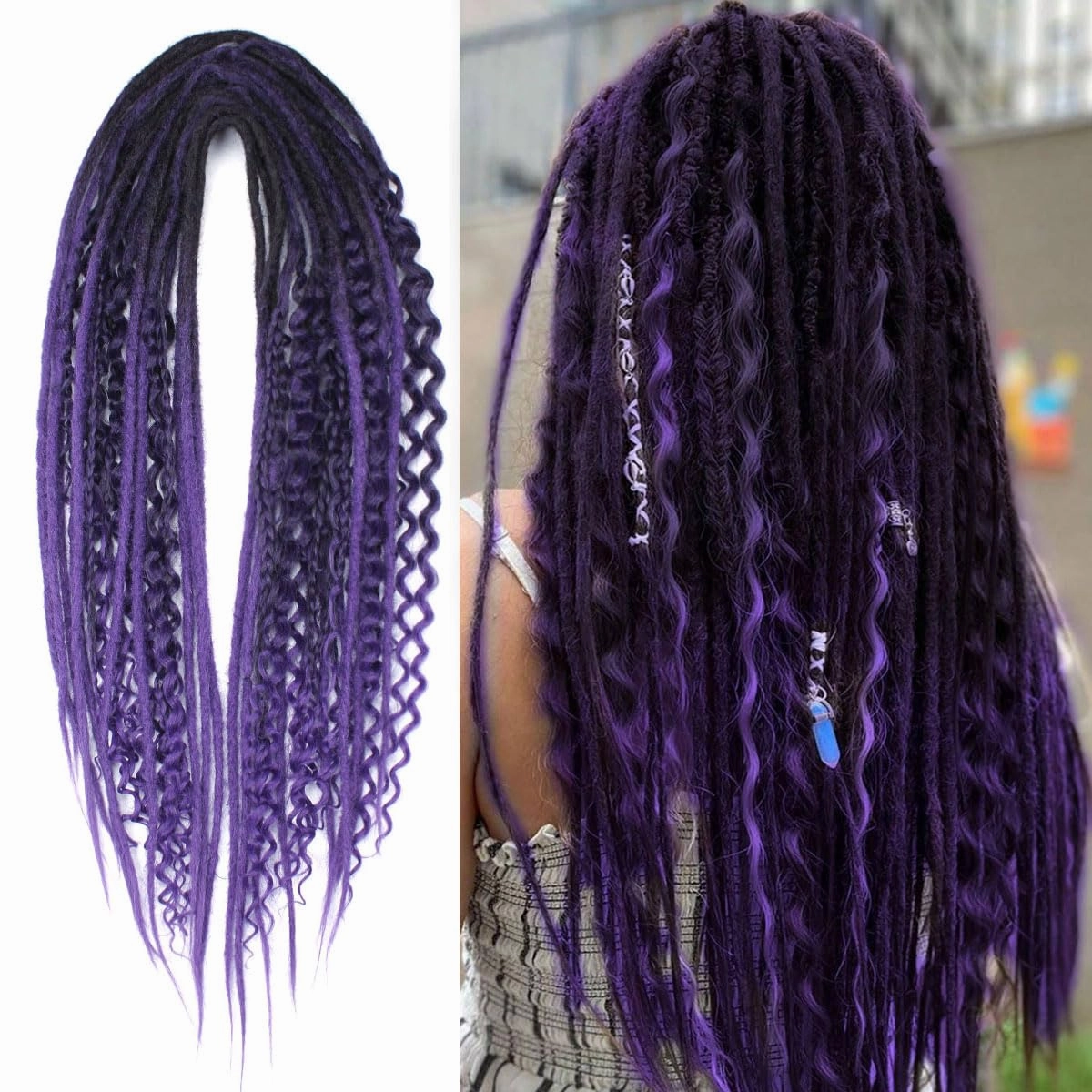 KRALER Double Ended Dreadlock Extensions Purple Ombre 20pcs 3 in 1 Mixed Set Boho Curly Dreads Extensions