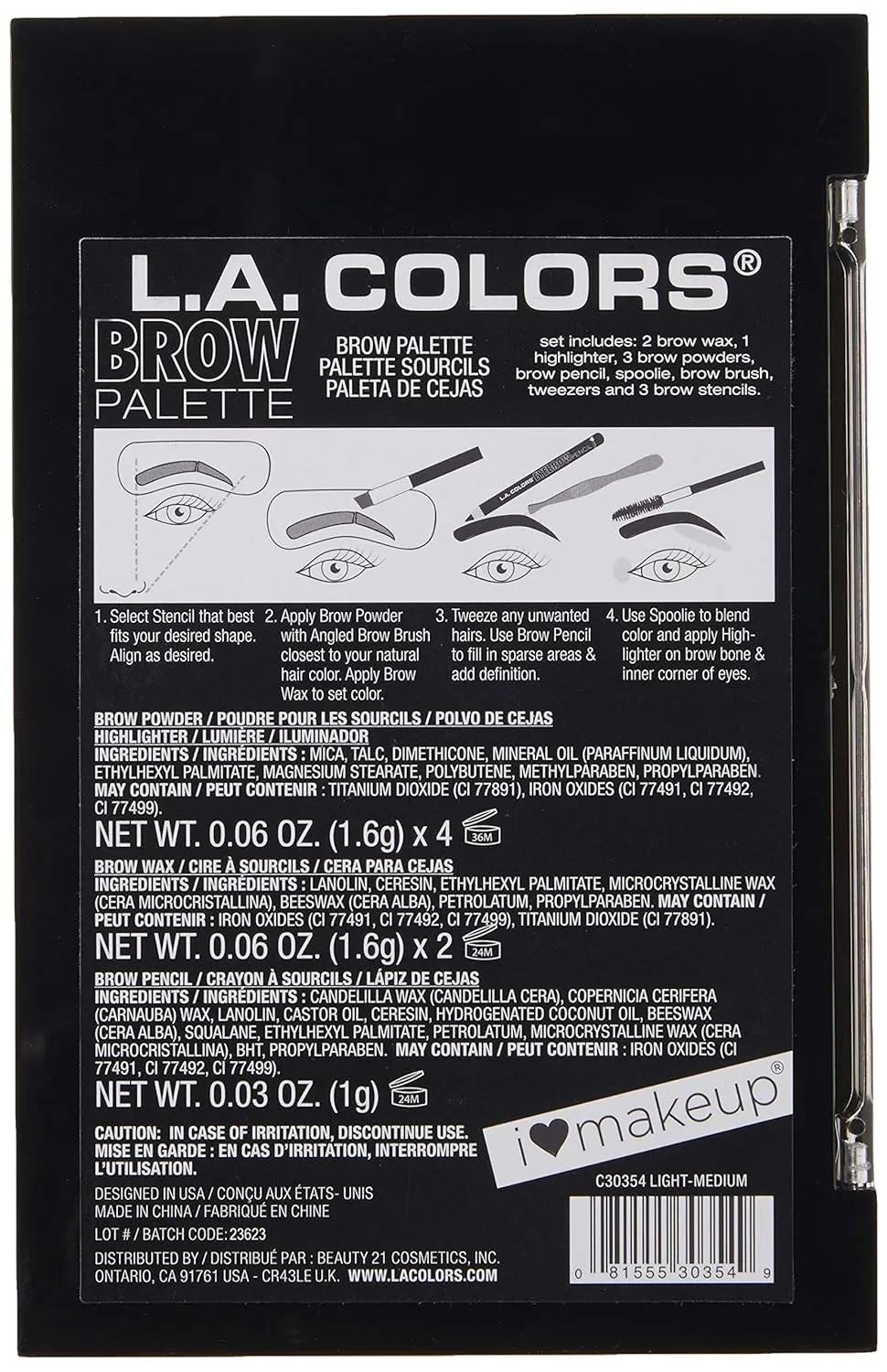L.A. COLORS I Heart Makeup Brow Palette, Light to Medium C30354 (Pack of 2)