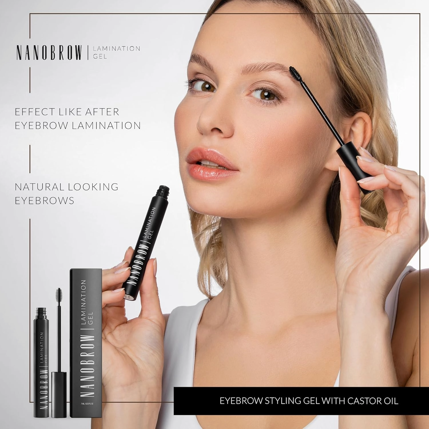 Lamination Gel Brown - tinted brow gel, Precisely styled and filled in brows