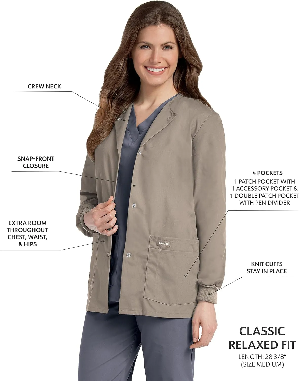 Landau Essentials Relaxed Fit 4-Pocket Snap-Front Scrub Jacket for Women 7525
