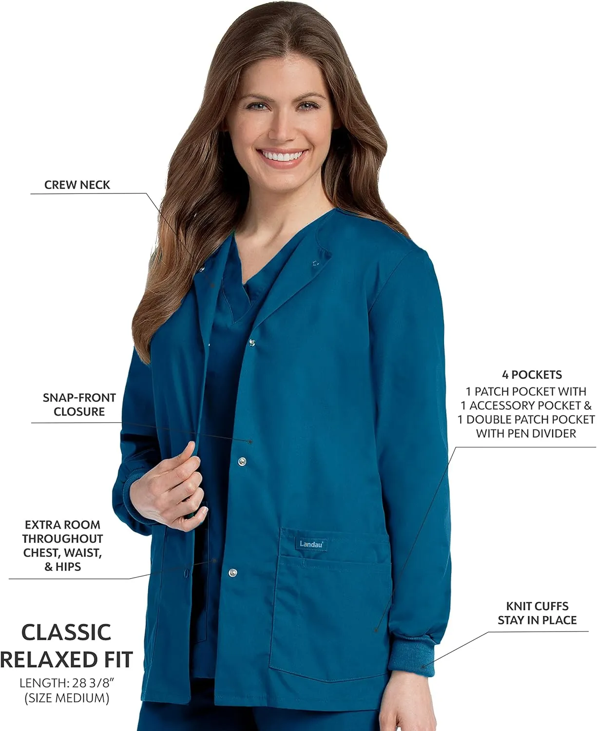 Landau Essentials Relaxed Fit 4-Pocket Snap-Front Scrub Jacket for Women 7525