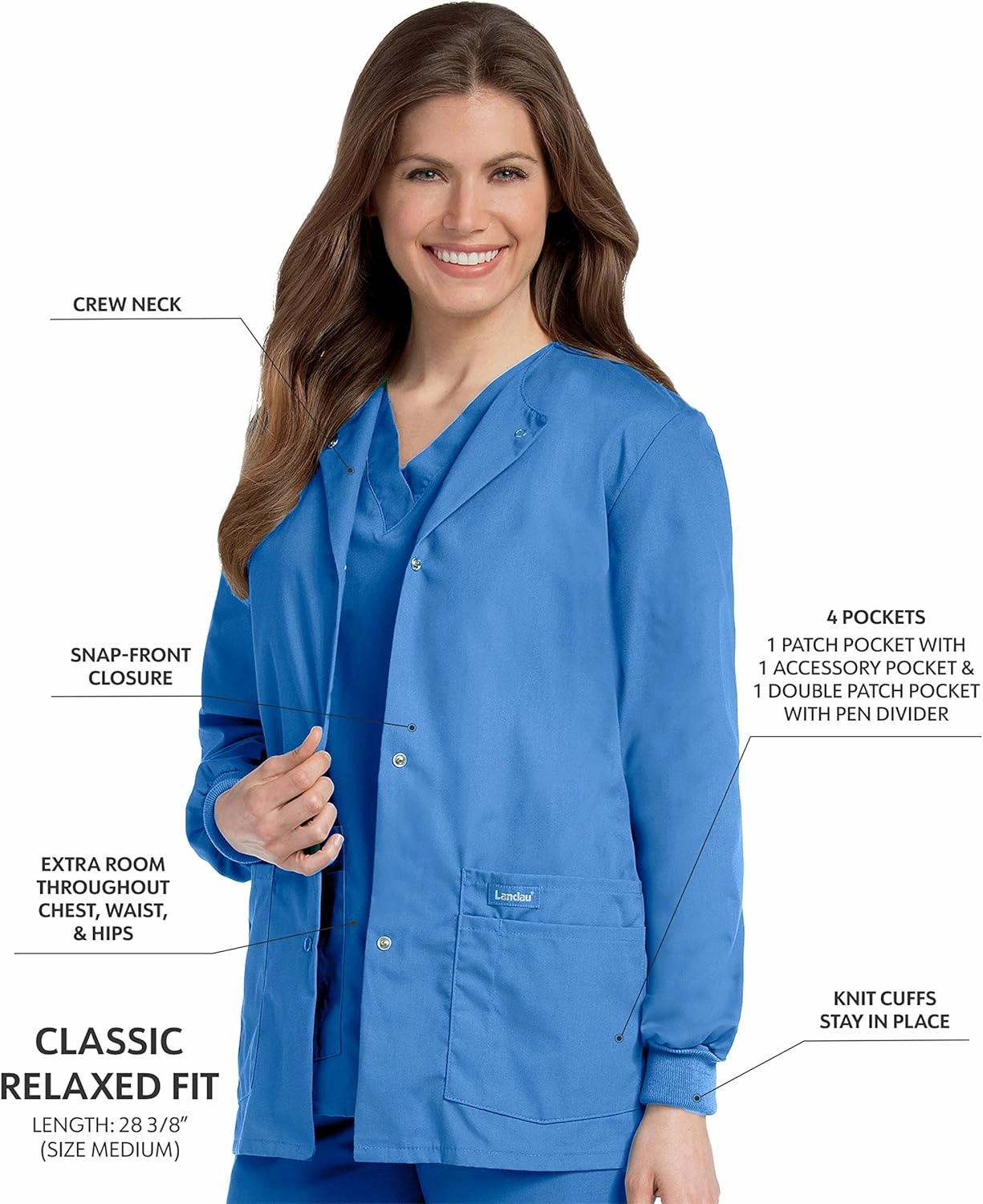 Landau Essentials Relaxed Fit 4-Pocket Snap-Front Scrub Jacket for Women 7525