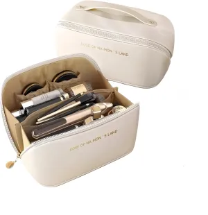 Large capacity travel makeup bag, waterproof portable bag with open flat storage organizer, leather divider layers and handle