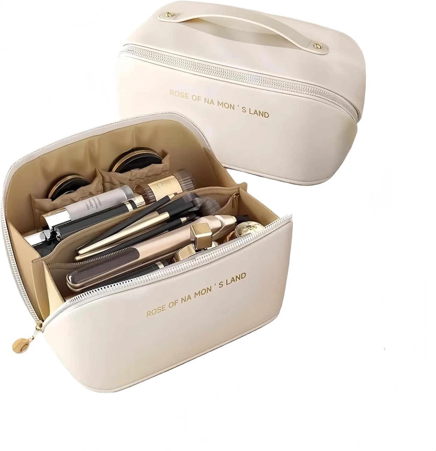 Large capacity travel makeup bag, waterproof portable bag with open flat storage organizer, leather divider layers and handle