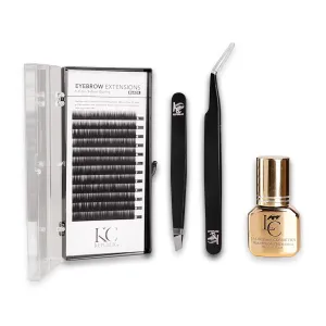 Lash Eyebrow Extensions Kit with 1 x Trays of Mink False Eyebrows in Black Comes on Mixed Length Trays 5-8 mm Mix, Glue Clear & Dual Pack (Straight & Curved Tip) Extension Tweezers