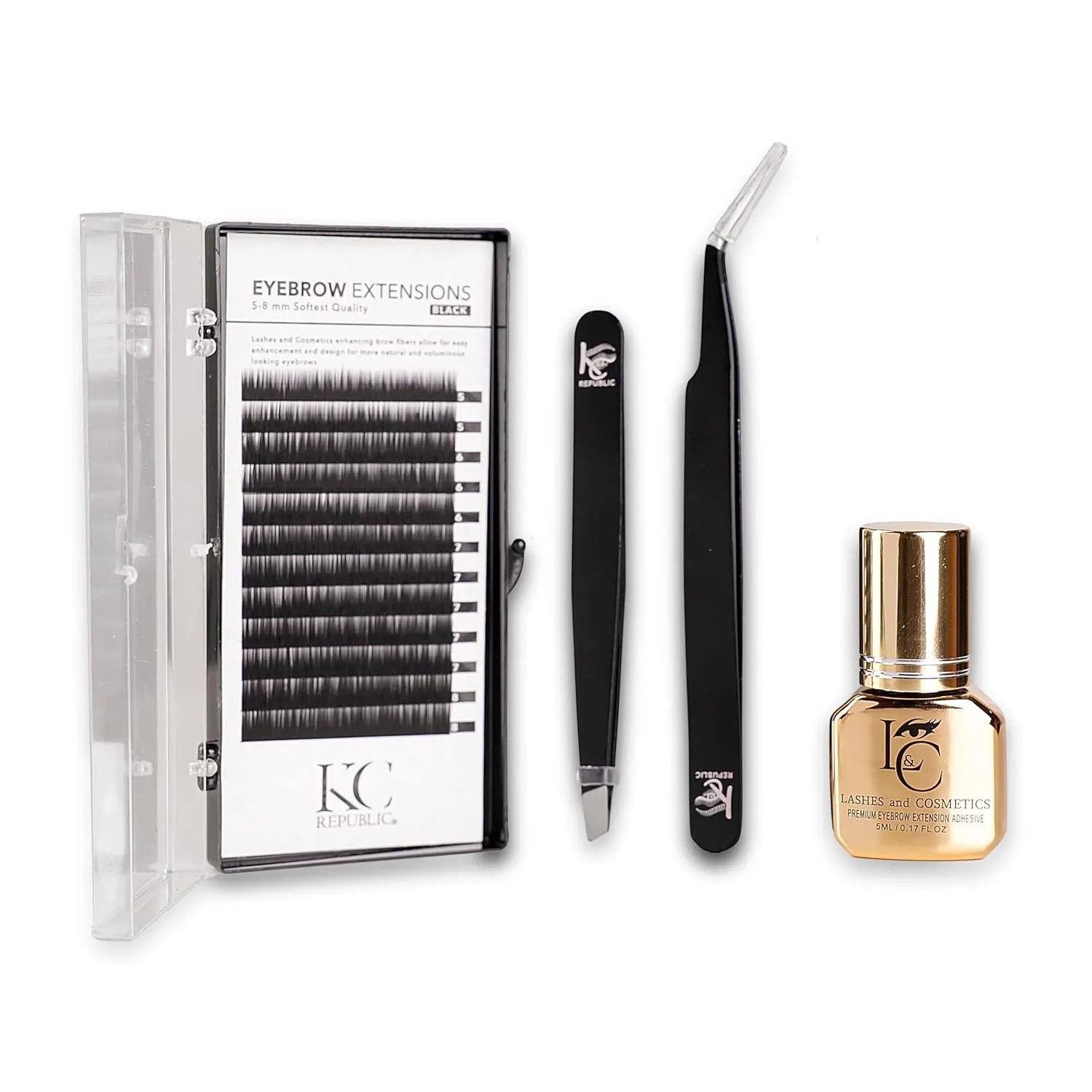 Lash Eyebrow Extensions Kit with 1 x Trays of Mink False Eyebrows in Black Comes on Mixed Length Trays 5-8 mm Mix, Glue Clear & Dual Pack (Straight & Curved Tip) Extension Tweezers