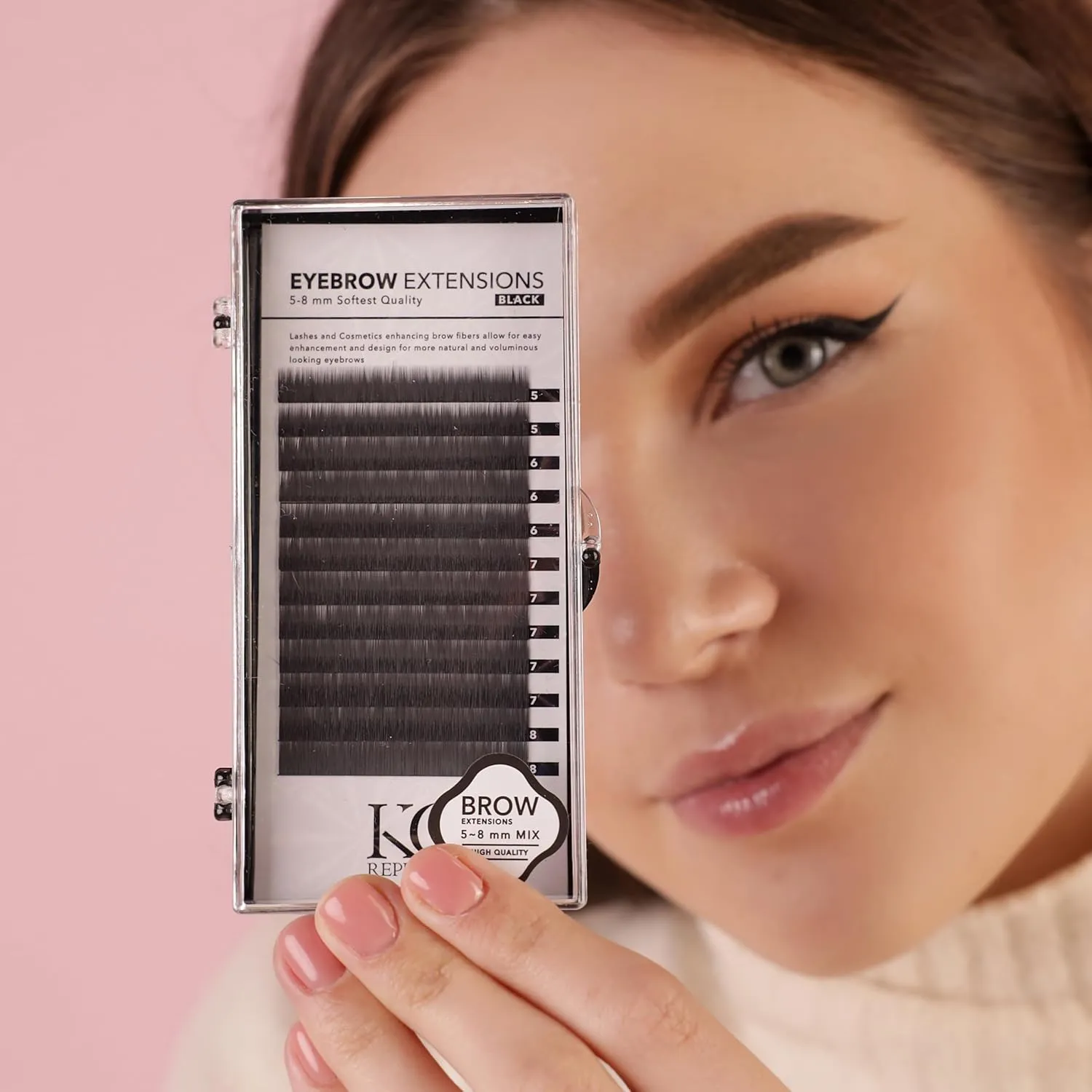 Lash Eyebrow Extensions Kit with 1 x Trays of Mink False Eyebrows in Black Comes on Mixed Length Trays 5-8 mm Mix, Glue Clear & Dual Pack (Straight & Curved Tip) Extension Tweezers
