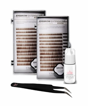 Lash Eyebrow Extensions Kit with 2 Trays of Mink False Eyebrows in Brown, Eyebrow Glue Clear & Extension Tweezers, Comes on Mixed Length Trays 5-8 mm (Brown 2-Pack, Black Tweezer)