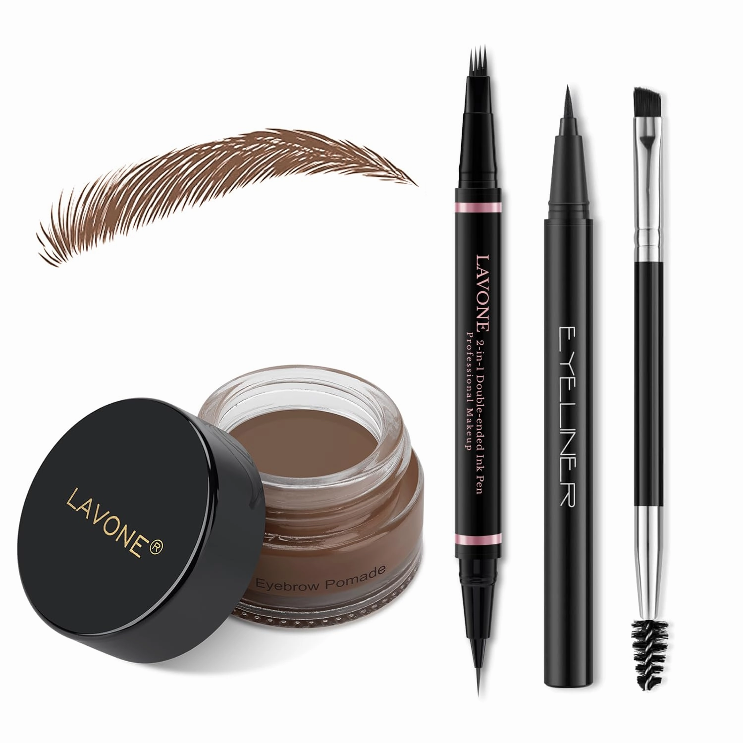 LAVONE Eyebrow Pencil Makeup Kit, with Waterproof 2-IN-1 Microblading Eyebrow Pen, Eyebrow Pomade, Eyeliner and Dual-ended Eyebrow Brush, Brow Pencil Kit for Natural Eyebrows - Dark Brown