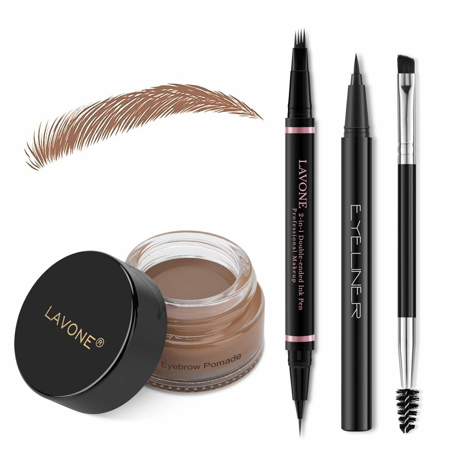 LAVONE Eyebrow Pencil Makeup Kit, with Waterproof 2-IN-1 Microblading Eyebrow Pen, Eyebrow Pomade, Eyeliner and Dual-ended Eyebrow Brush, Brow Pencil Kit for Natural Eyebrows - Dark Brown