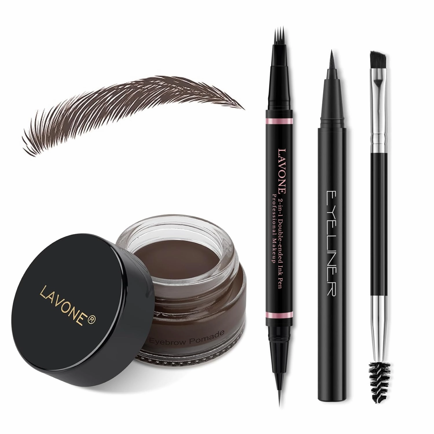 LAVONE Eyebrow Pencil Makeup Kit, with Waterproof 2-IN-1 Microblading Eyebrow Pen, Eyebrow Pomade, Eyeliner and Dual-ended Eyebrow Brush, Brow Pencil Kit for Natural Eyebrows - Dark Brown