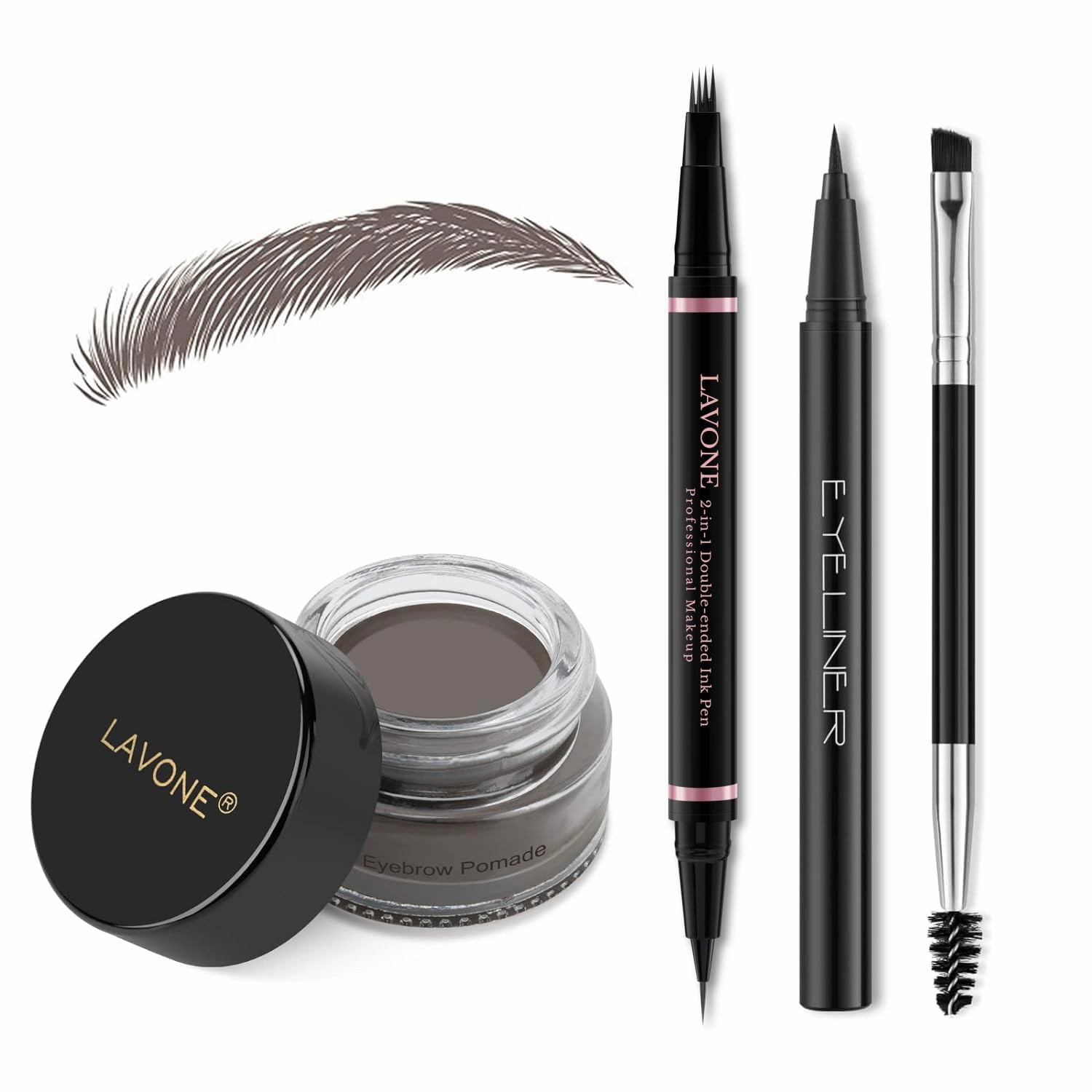 LAVONE Eyebrow Pencil Makeup Kit, with Waterproof 2-IN-1 Microblading Eyebrow Pen, Eyebrow Pomade, Eyeliner and Dual-ended Eyebrow Brush, Brow Pencil Kit for Natural Eyebrows - Dark Brown