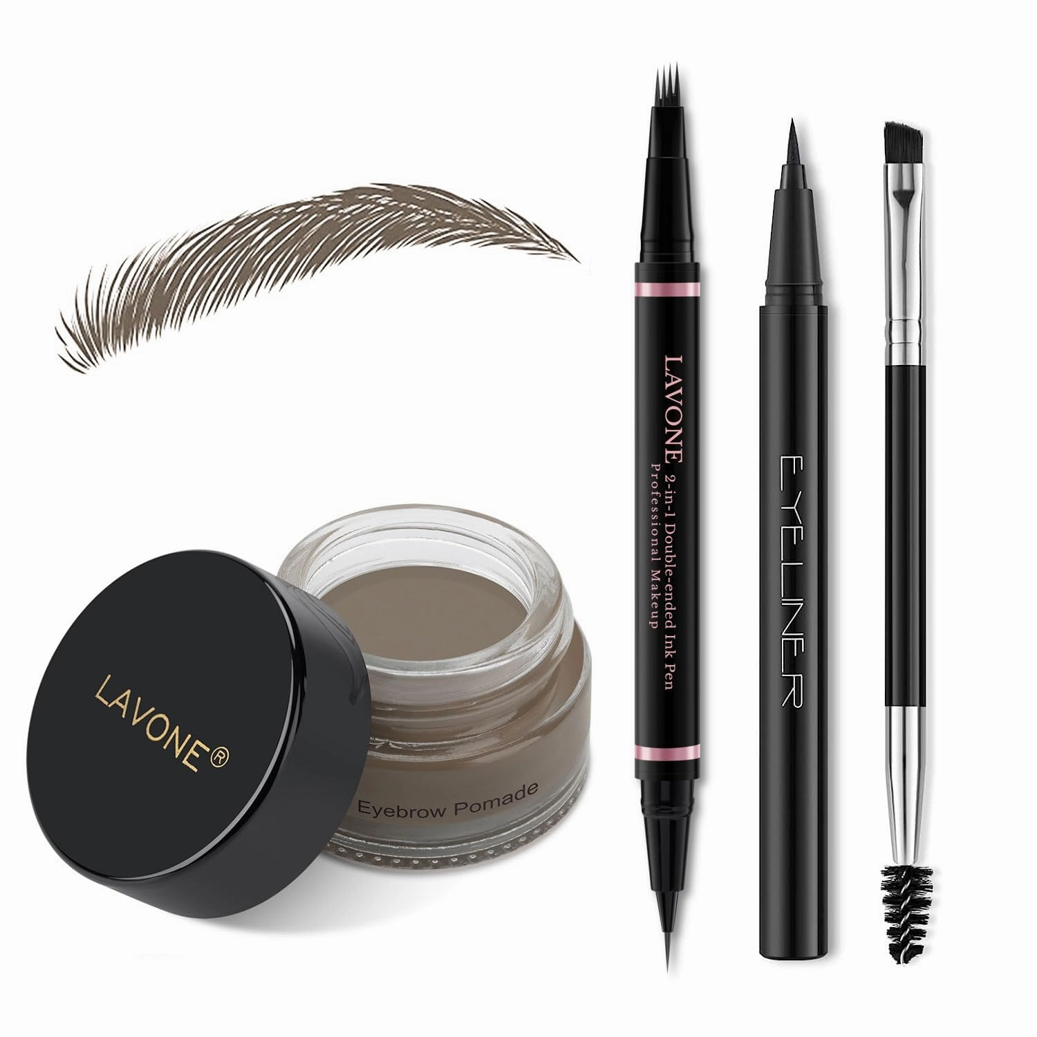 LAVONE Eyebrow Pencil Makeup Kit, with Waterproof 2-IN-1 Microblading Eyebrow Pen, Eyebrow Pomade, Eyeliner and Dual-ended Eyebrow Brush, Brow Pencil Kit for Natural Eyebrows - Dark Brown