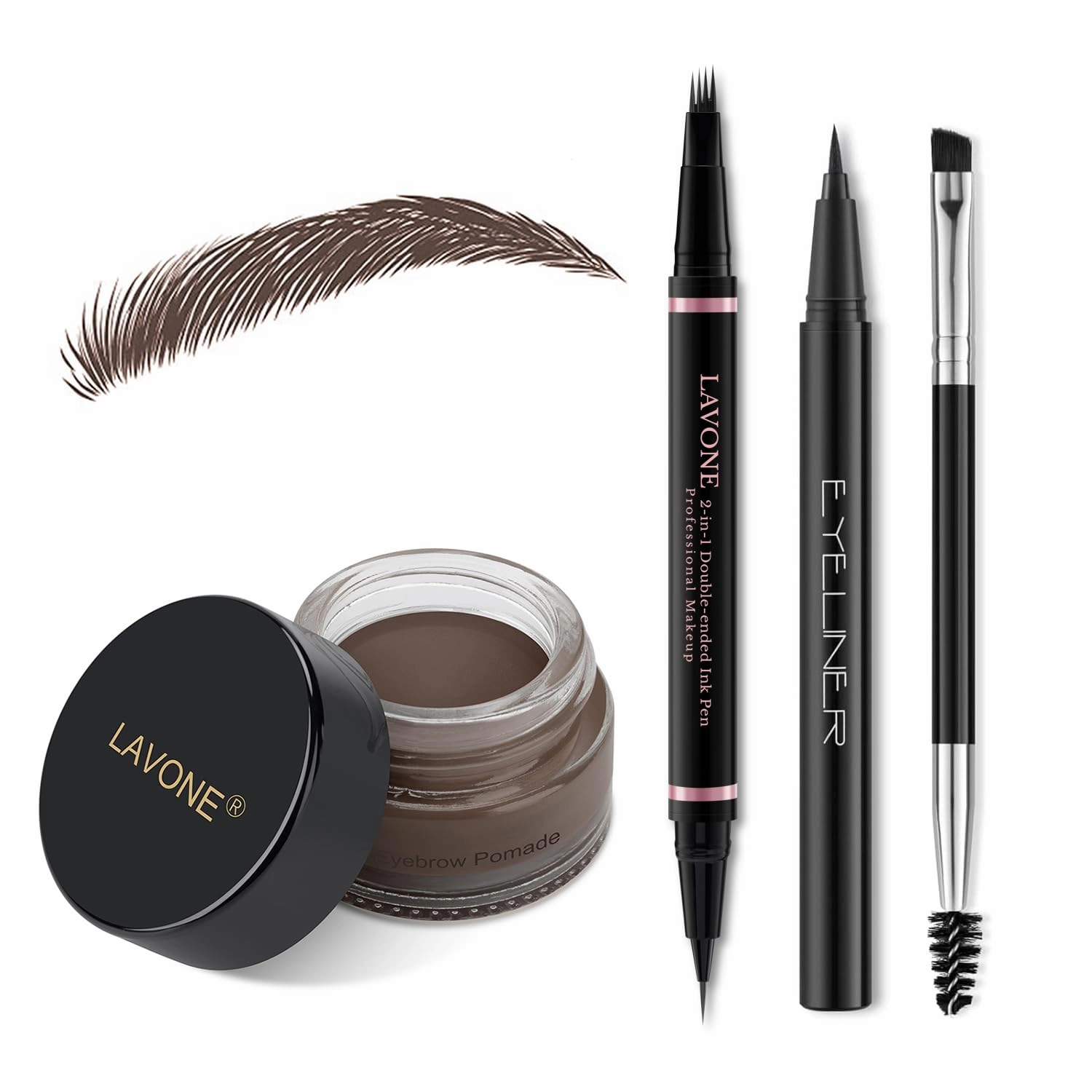 LAVONE Eyebrow Pencil Makeup Kit, with Waterproof 2-IN-1 Microblading Eyebrow Pen, Eyebrow Pomade, Eyeliner and Dual-ended Eyebrow Brush, Brow Pencil Kit for Natural Eyebrows - Dark Brown